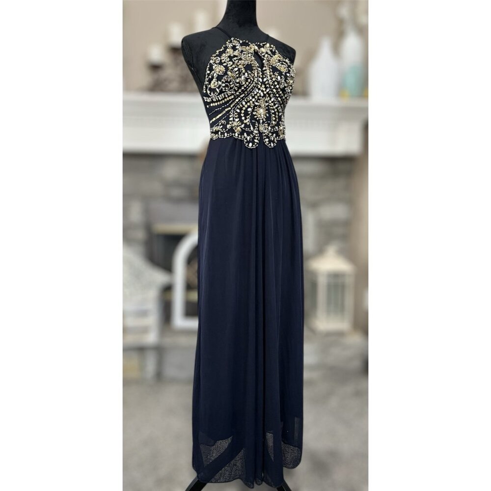 Vtg Y2K Blondie Nites Prom Dress Sz 3 Navy Blue Maxi Rhinestones Sequins Regency